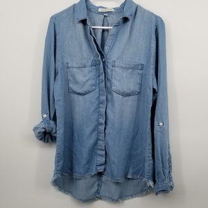 Harper | Raw Hem Chambray Denim Button Up - M